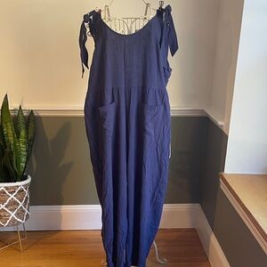 Navy Blue Jumpsuit Side Zip Tie Shoulder
